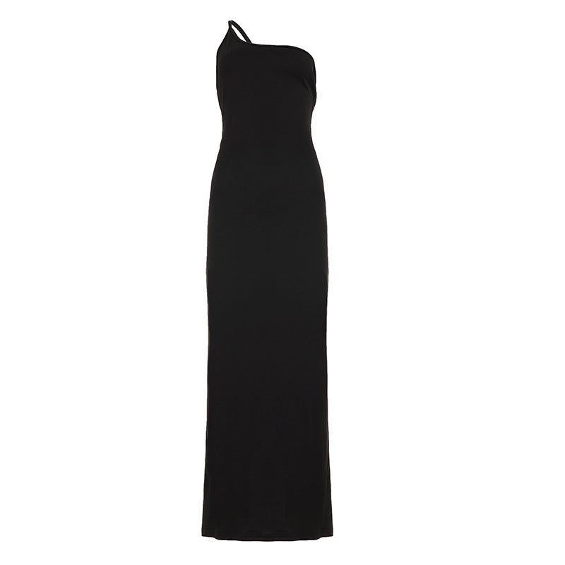 Sexy Lace up Big Back Exposure Dress Design Solid Color One Shoulder Slim Fit Maxi Dress