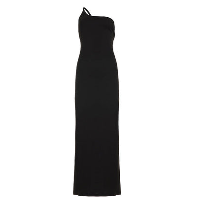 Sexy Lace up Big Back Exposure Dress Design Solid Color One Shoulder Slim Fit Maxi Dress