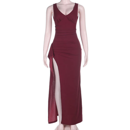 Spring Summer Elegant Socialite Design Show Chest V neck Slit Formal Dress
