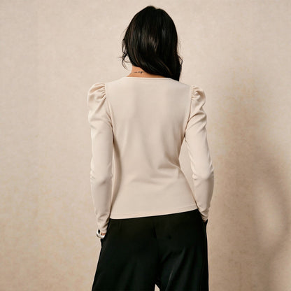 Women Clothing Square Collar Long Sleeved T shirt Women Pleated Waist Tight Slimming Elegant Bottoming Top