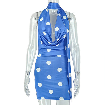 Women Clothing Polka Dot Scarf Tie Summer Sheath Dress Swing Collar Sleeveless Sexy Backless Short Dress