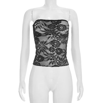 Women Clothing Summer off Neck Backless Sexy See through Lace Tube Top Small Top T shirt