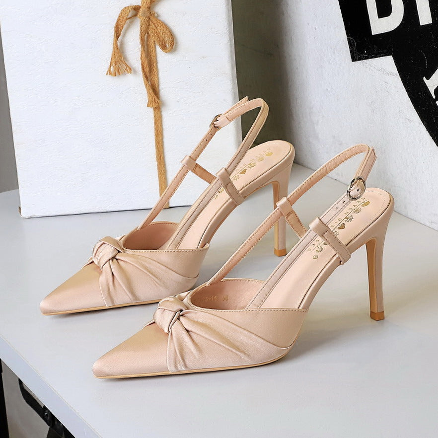 Cocktail Satin Bow Stiletto Heel High Heel Shoes Pointed Shallow Mouth Back Empty Closed Toe Shallow Mouth Pumps