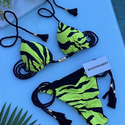 Hand Knitted Rope Swimsuit Sexy Bikini Women Split Solid Color Sexy Multicolor Braided Rope Bikini