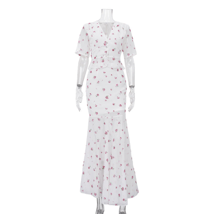 V neck Short Sleeve Cardigan Top Hip Skirt Two Piece Set Summer Printed Skirt Set for Women