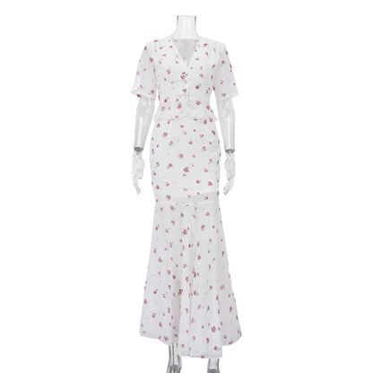 V neck Short Sleeve Cardigan Top Hip Skirt Two Piece Set Summer Printed Skirt Set for Women