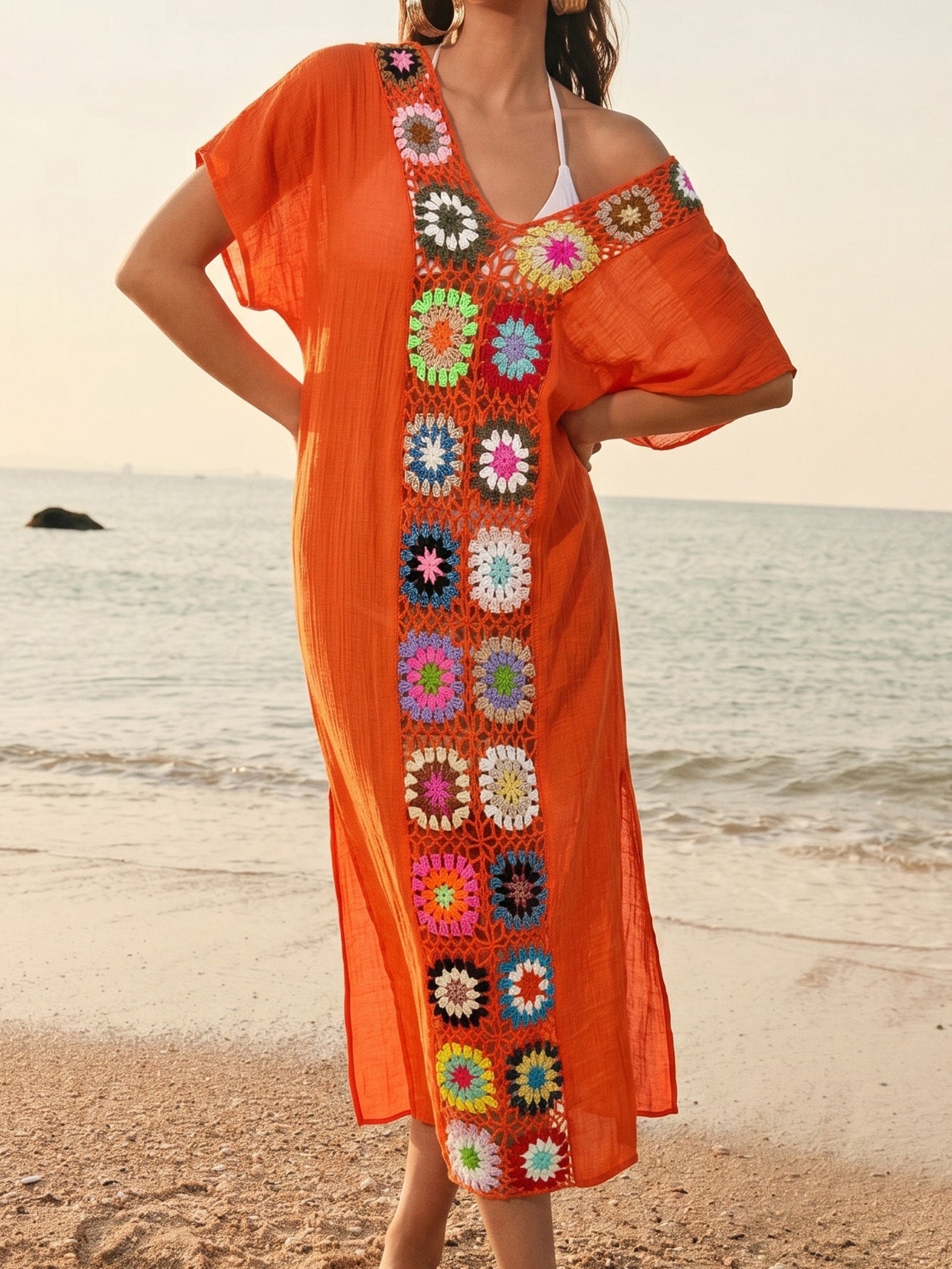 Women Clothing Crocheted Random Mixed Color Stitching Sexy Beach Blouse