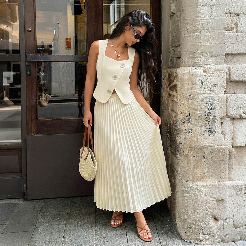 Summer Elegant Pleated Skirt Two Piece Sets Women