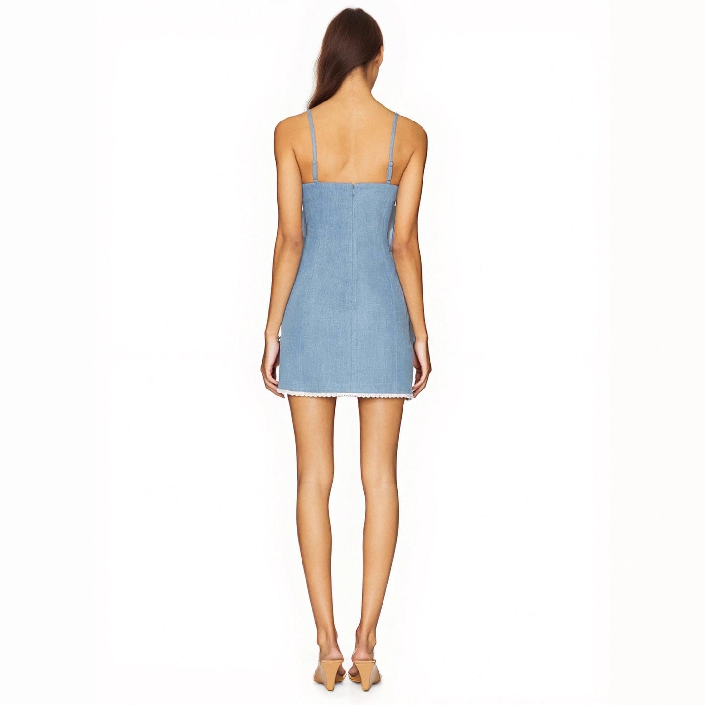 Elegant Light Blue Slip Dress Lace Embellished Fresh Women Dress