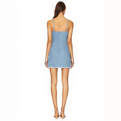 Elegant Light Blue Slip Dress Lace Embellished Fresh Women Dress