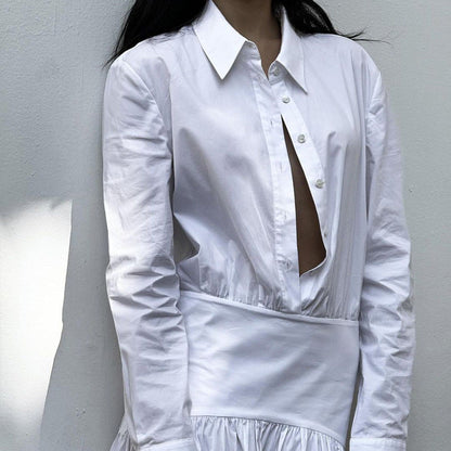 Women Clothing Spring Summer White Office Pleated A line Dress Collared Long Sleeve Shirt Dress Women