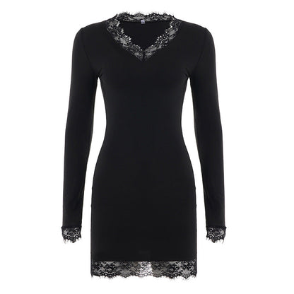 Sexy Lace Stitching V neck Long Sleeve Dress Women Elegant Slim Bottoming Solid Color Dress