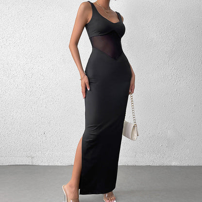 Milk Silk Stitching Mesh Cami Dress Sexy Split Backless Formal Dress Maxi Dress
