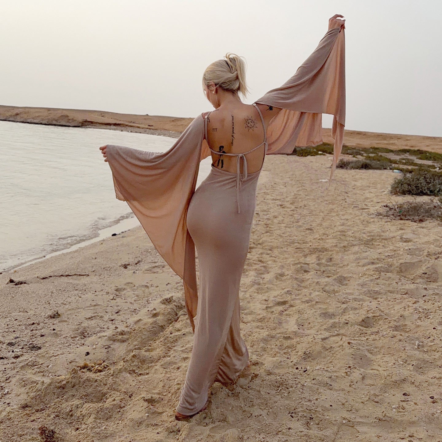 Sexy Adult Lady like Woman Elegant Batwing Sleeve Shawl Strap Backless Cami Dress Two Piece Set for Women