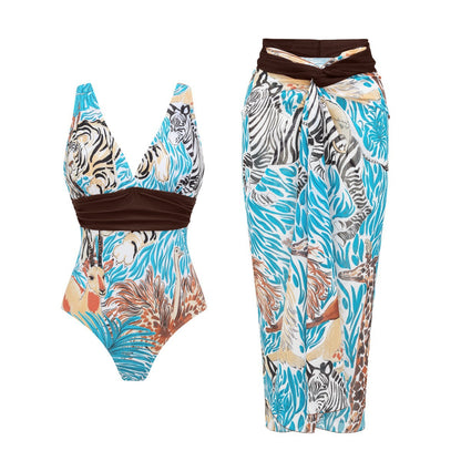 Swimsuit Blue Color Animal Print One Piece Swimsuit Women Long Skirt Two Piece Set