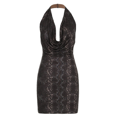 Metallic Glossy Features Swing Collar Sleeveless Halter Dress Backless Sheath Sexy Dress