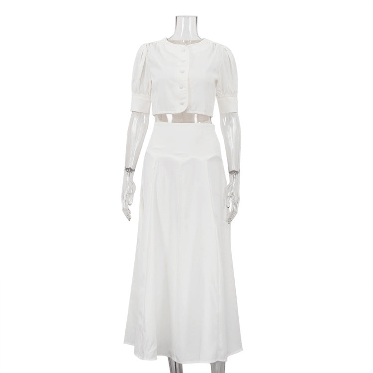 Women Clothing Satin High Grade Skirt Set round Neck Short Sleeve Cardigan Top Elegant Two Piece Set