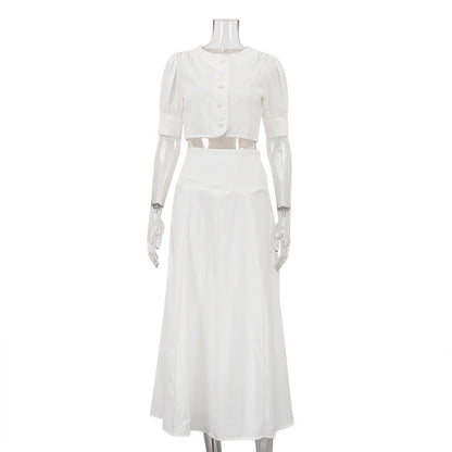 Women Clothing Satin High Grade Skirt Set round Neck Short Sleeve Cardigan Top Elegant Two Piece Set