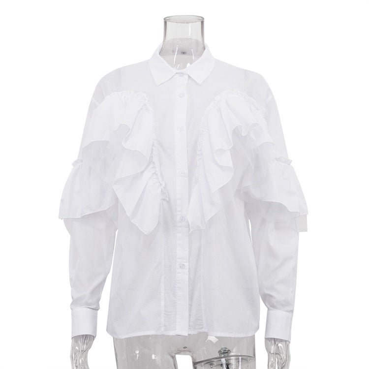 French Design Ruffled White Shirt Women Autumn Polo Collar Long Sleeve Office All Match Top