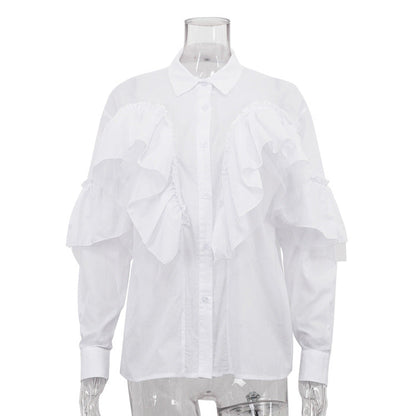 French Design Ruffled White Shirt Women Autumn Polo Collar Long Sleeve Office All Match Top