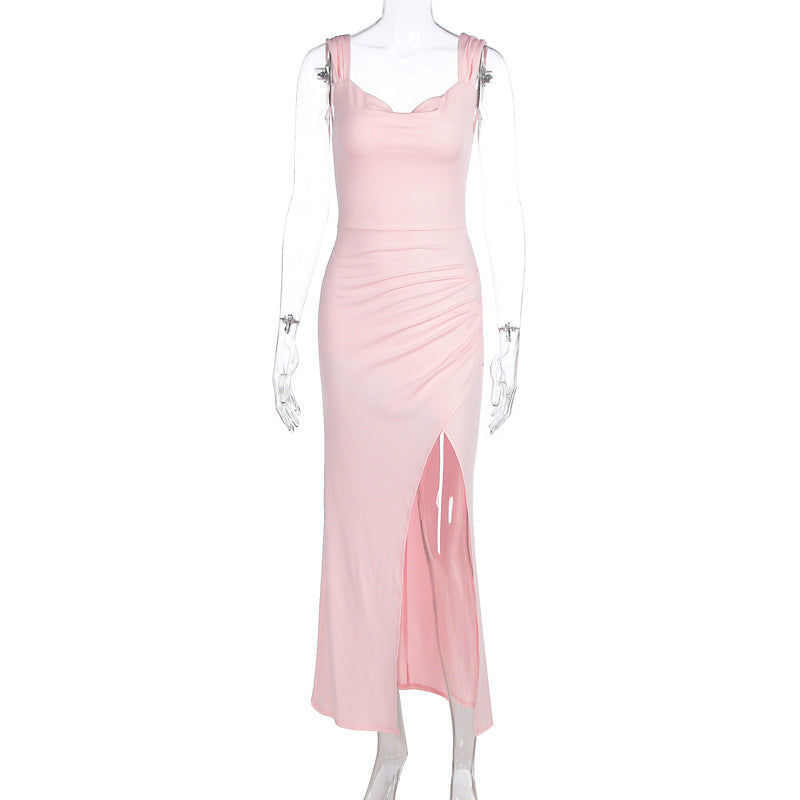 Women Clothing Spring Summer Elegance Sleeveless Backless Slingback Slim Fit Slit Dress