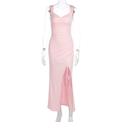 Women Clothing Spring Summer Elegance Sleeveless Backless Slingback Slim Fit Slit Dress
