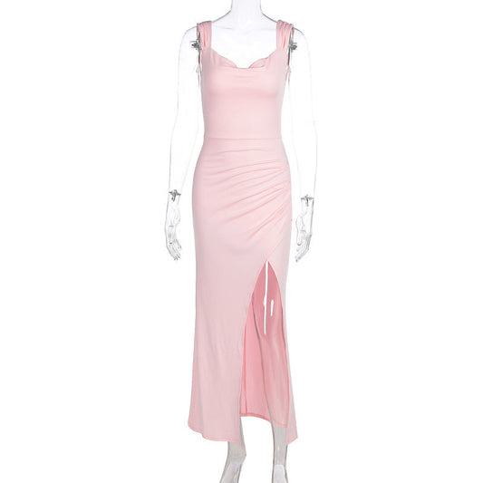 Women Clothing Spring Summer Elegance Sleeveless Backless Slingback Slim Fit Slit Dress
