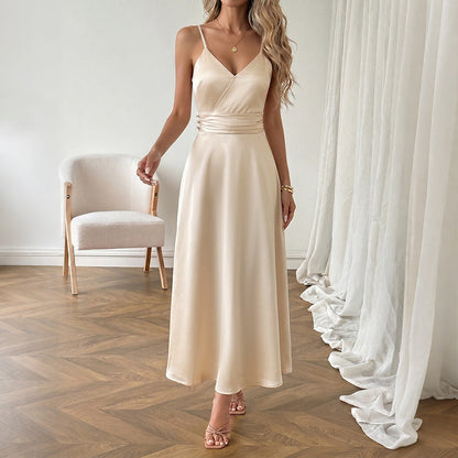 Simple Elegant Champagne Satin V neck Strap Dress