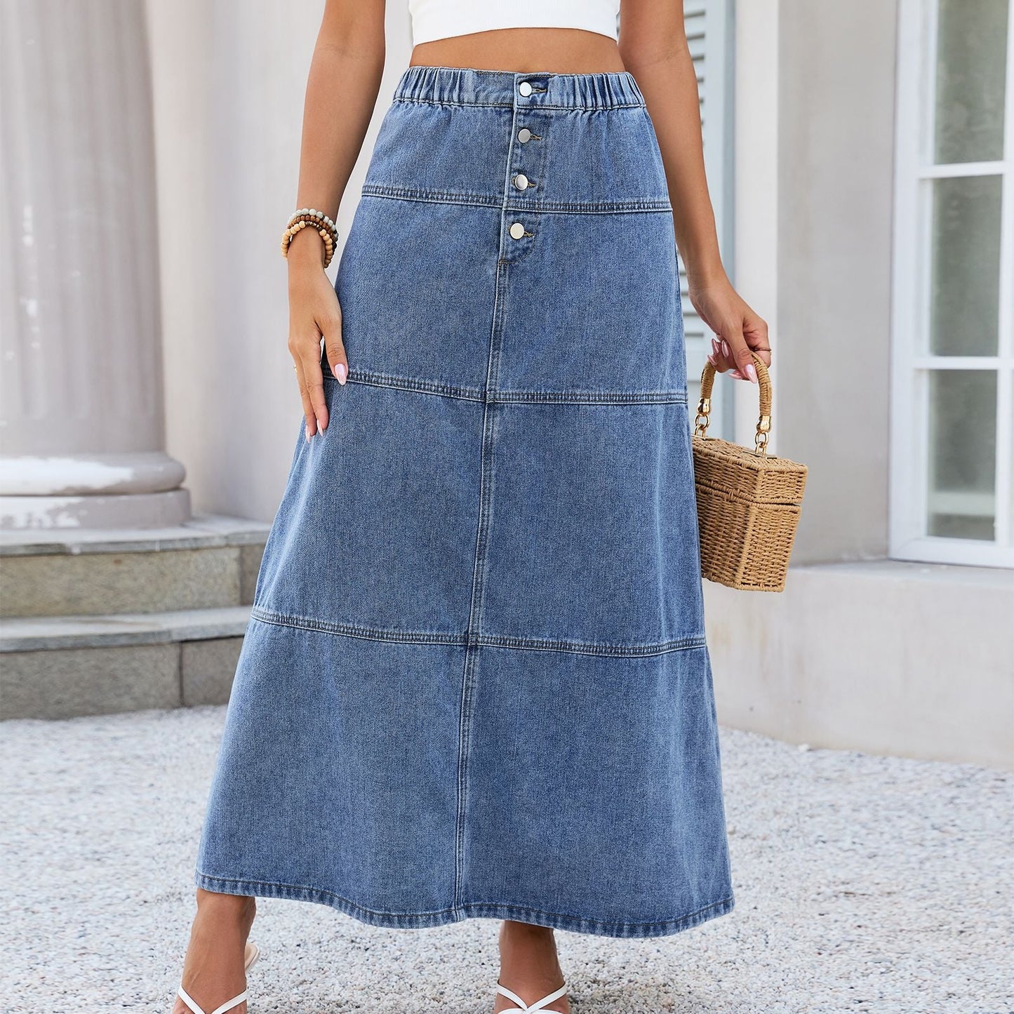 Elastic Waist Front Breasted Stitching Design All Matching Jeans Skirt Women
