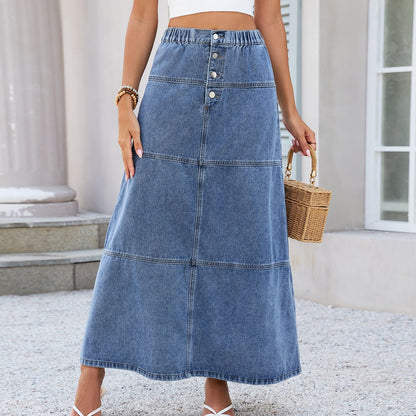 Elastic Waist Front Breasted Stitching Design All Matching Jeans Skirt Women