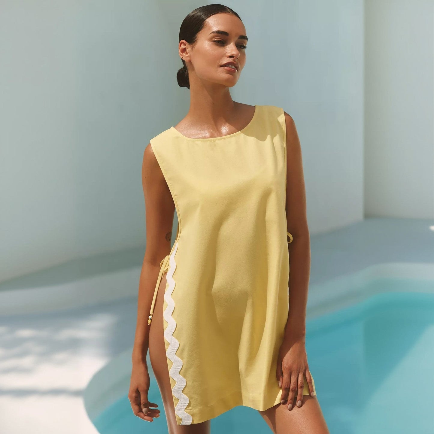 Solid Color Sexy Slit Sleeveless Beach Cover up Bikini Swimsuit Beach Shirt Women Short
