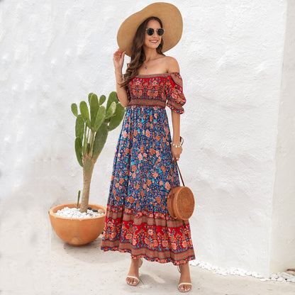 Bohemian Beach Holiday Dress off Shoulder Puff Sleeve Floral Mid Length Dress