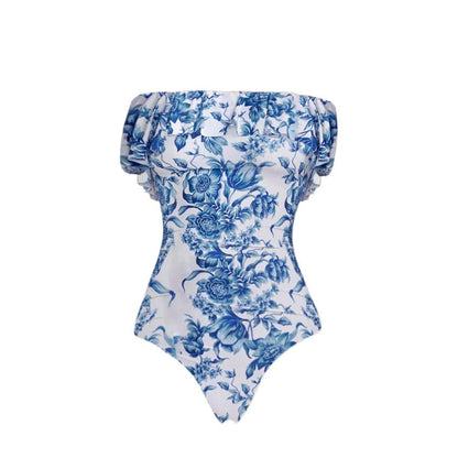 Swimsuit Blue Color Floral Vacation Swimsuit Women Long Skirt