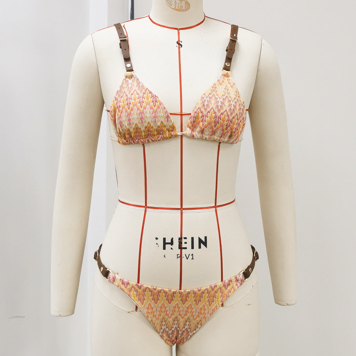 Adjustable Shoulder Strap Low Waist Briefs Bikini Sexy Stripes Printed Split Swimsuit Women
