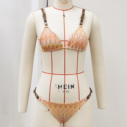 Adjustable Shoulder Strap Low Waist Briefs Bikini Sexy Stripes Printed Split Swimsuit Women