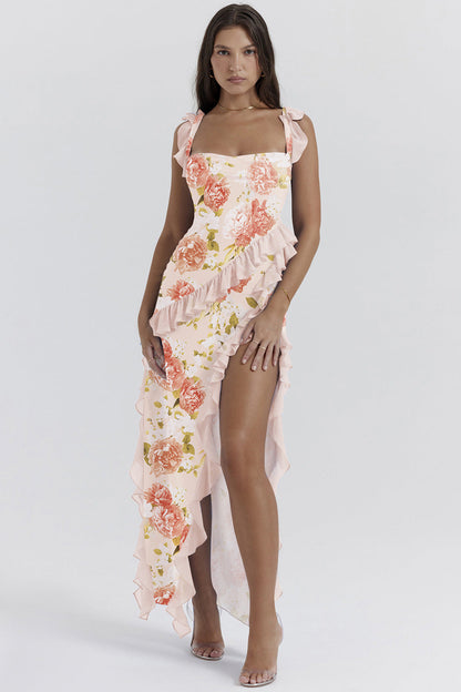 Summer French Strap Wooden Ear Sexy Split Printing Dress