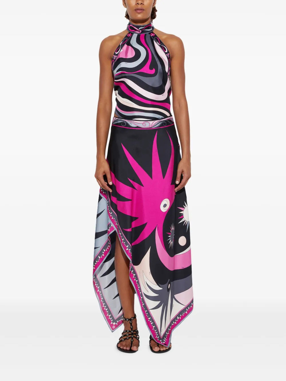 Printed Satin Halter Backless Top Irregular Asymmetric Skirt Two Piece Sets