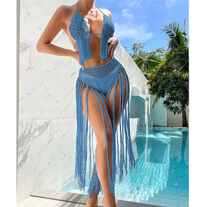 Beach Tourism Hand Crocheting Three Dimensional Floral Tassel Beach Sexy Open Back Swimsuit Bikini Set Crochet hook