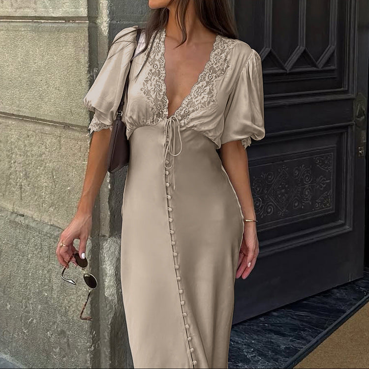 Lace Stitching Elegant Dress Summer Women Clothing V neck Puff Sleeve Single Breasted Sheath Dress