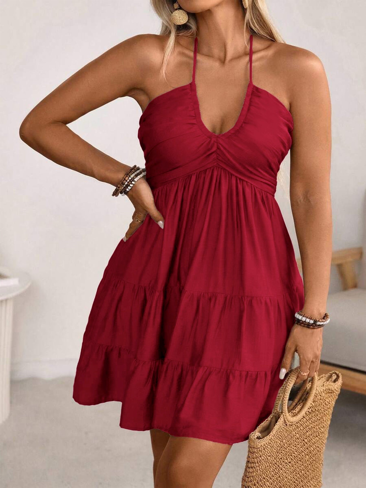 Plus Size Women Clothing Summer Sexy Backless Pleated Suspender Halter Dress
