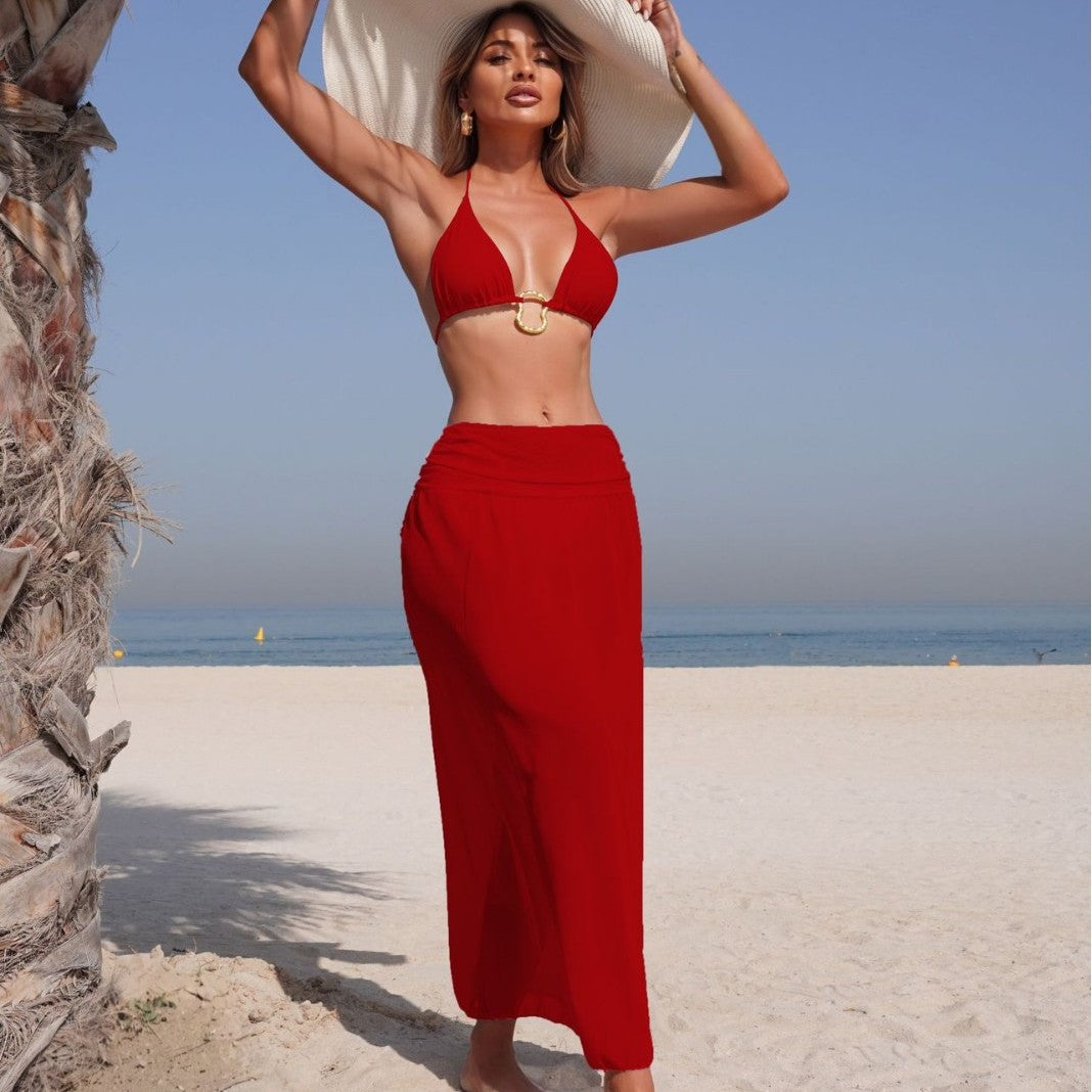 Solid Color Mesh Long Skirt Sexy Swimsuit Women Bikini Three Piece Swimsuit