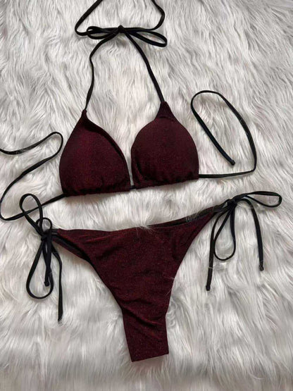 Flash Bikini Halter Lace up Split Swimsuit Sexy Backless Women Swimsuit