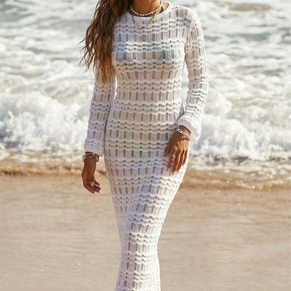 Hollow Out Cutout Texture Long Sleeve Holiday Maxi Dress Beach Sun Protection Backless Lace up Blouse Maxi Dress