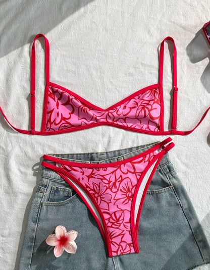 Ladies Bikini Two Piece Set Red Floral Summer Women Beach Split Swimsuit