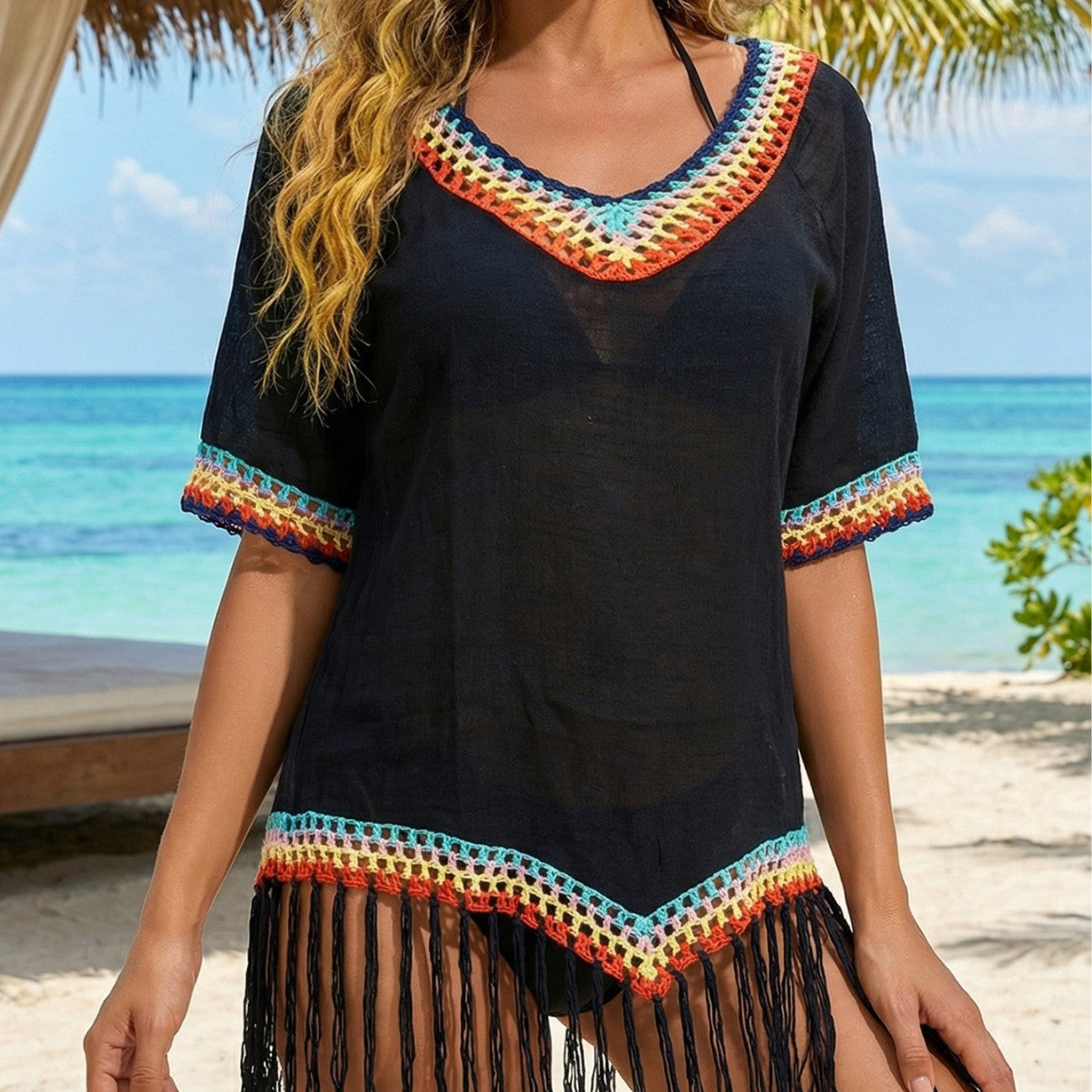 Women Clothing Spring Summer Top Stitching Tassel Beach Sun Protection Clothing Simple All Match Beach Anti Blouse