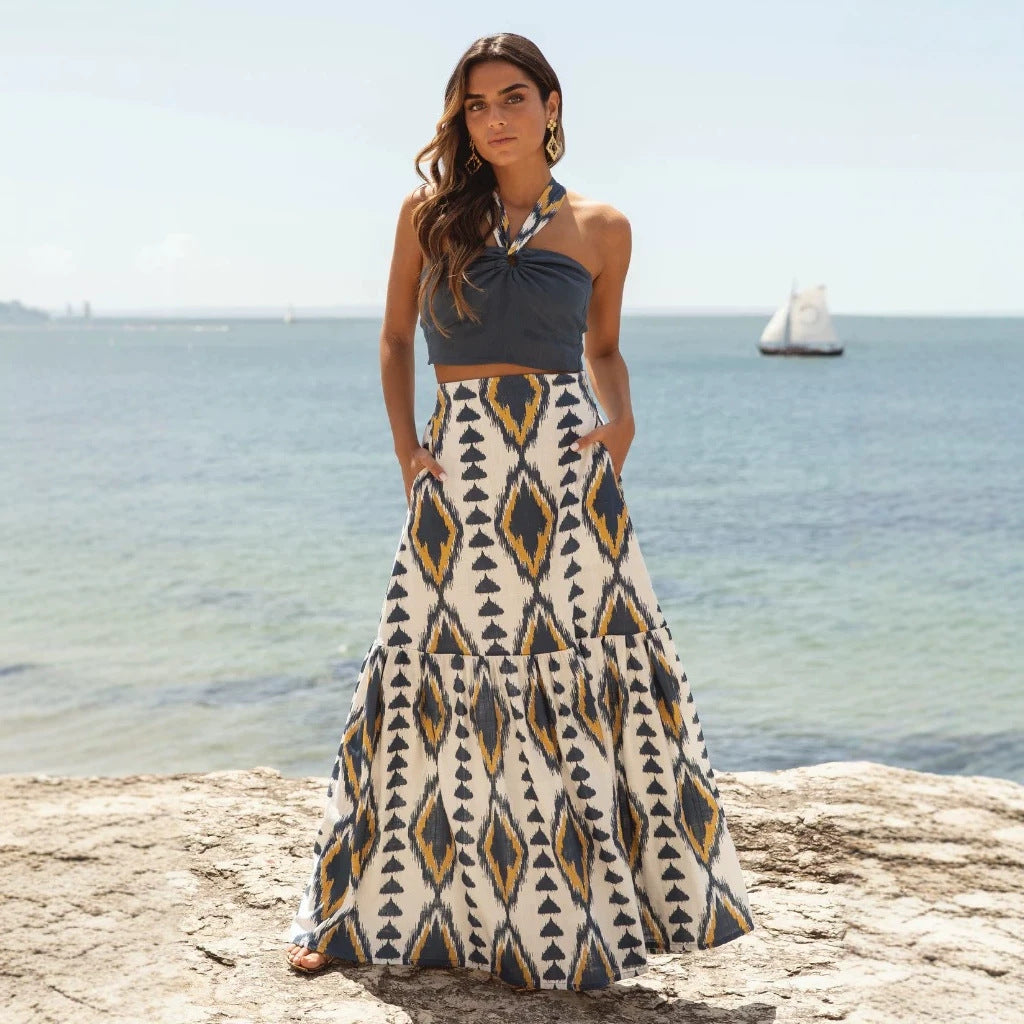 Summer Skirt Striped Printed High Waist Swing Holiday Skirt Women