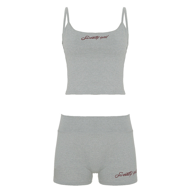 Street Casual Sports Women Slim Fit Letters Embroidered Strap Shorts Fitness Two Piece Sets Summer