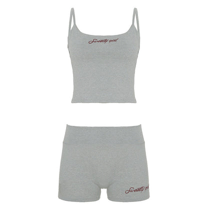 Street Casual Sports Women Slim Fit Letters Embroidered Strap Shorts Fitness Two Piece Sets Summer