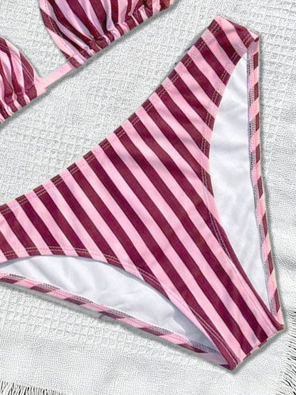 Striped Printed Bikini Triangle Cup Lace up Sexy Backless Split Bikini Swimsuit