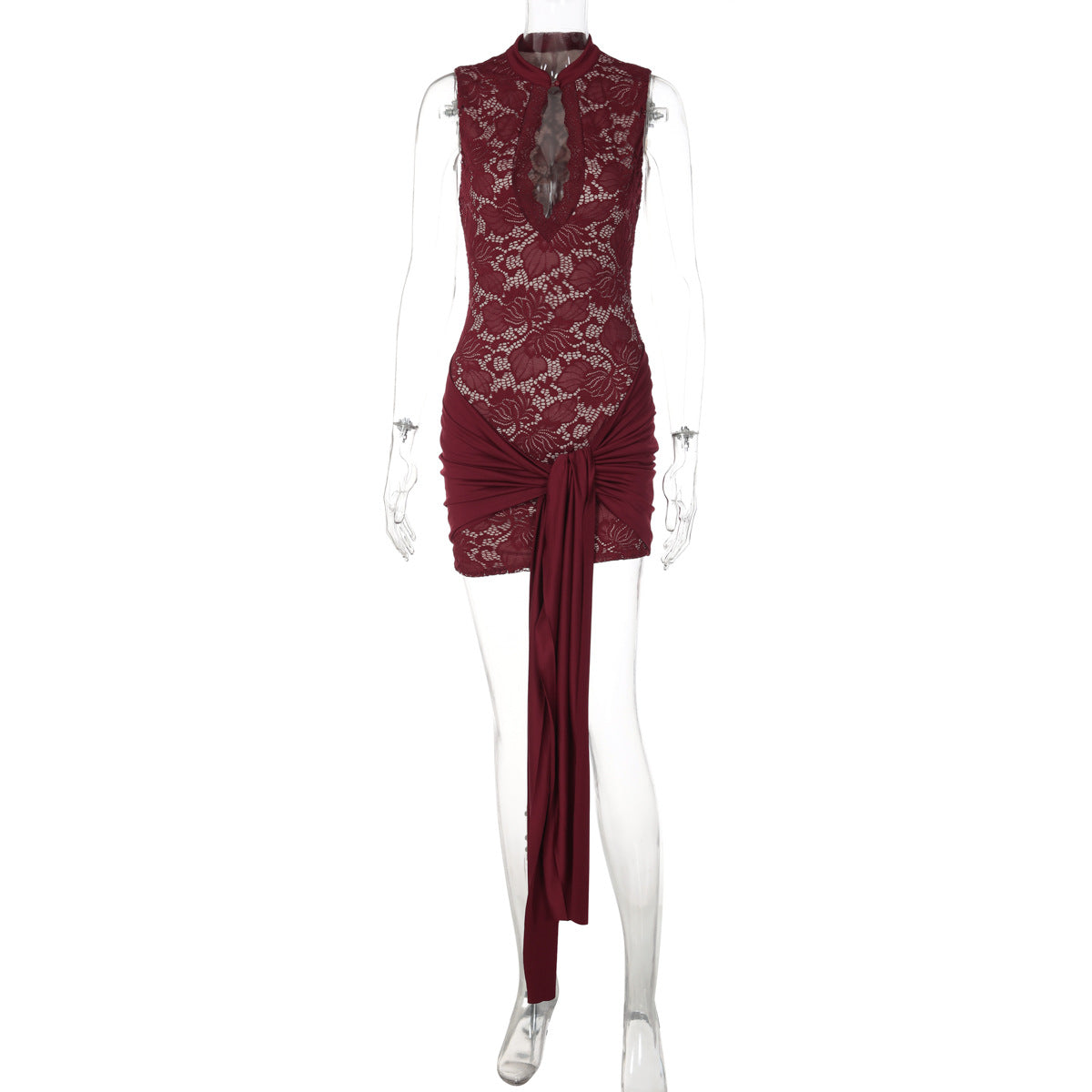 Women Clothing Lace Stitching Sleeveless Sexy Ribbon Slim Sheath Dress
